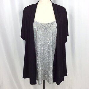 Lavish Plus Top Womens 2X Faux 2 PC Tank Cardigan Stretch Short Sleeve Black